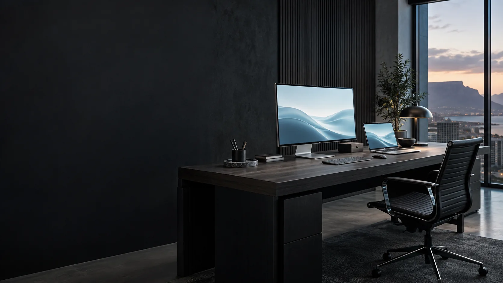 A considered modern workspace with desktop display and laptop